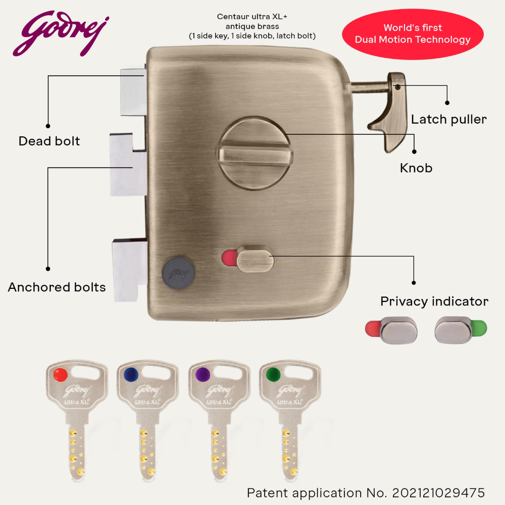 Godrej Centaur Rim Lock | Worlds 1st Dual Motion Lock | Ultra XL Plus Technology | 1CK Latch Lock for Main & Safety Door | Suitable for Single & Double Wooden Doors | Brass Finish | 5 Years Warranty